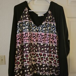 SHEIN Black and Multicolor Leopard Print Long Sleeve Top